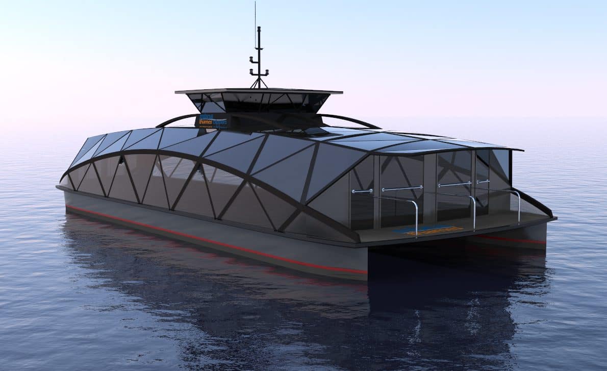 futuristic hybrid ferry concept render forward perspective
