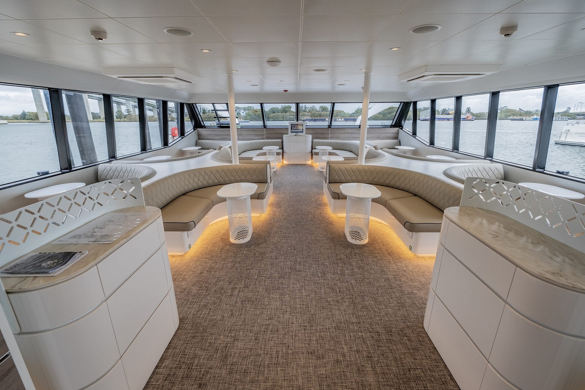luxury boat interior with lighting under the seats